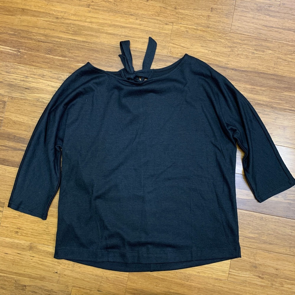 Ann Taylor LOFT Tie Back Top Womens Small Petite 3/4 Sleeve‎ Blouse Casual Black